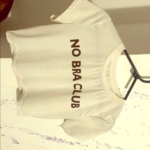 White “no bra club” crop top